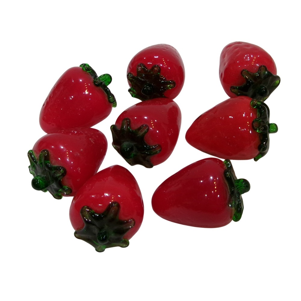 8pc Hand Blown Red Glass Strawberries Decorative Fruit Kitchen Decor Set